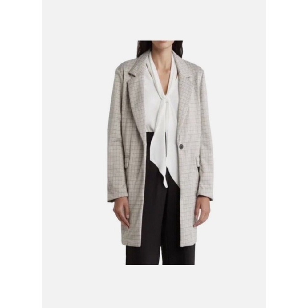Sanctuary Womens Plaid Longline Blazer Coat Gray Tan Single Button Size M